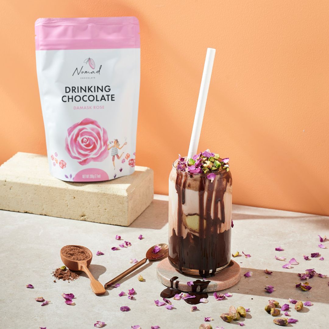 Iced Chocolate with Rose and Pistachio Ice Cream Recipe I Nomad Chocolate