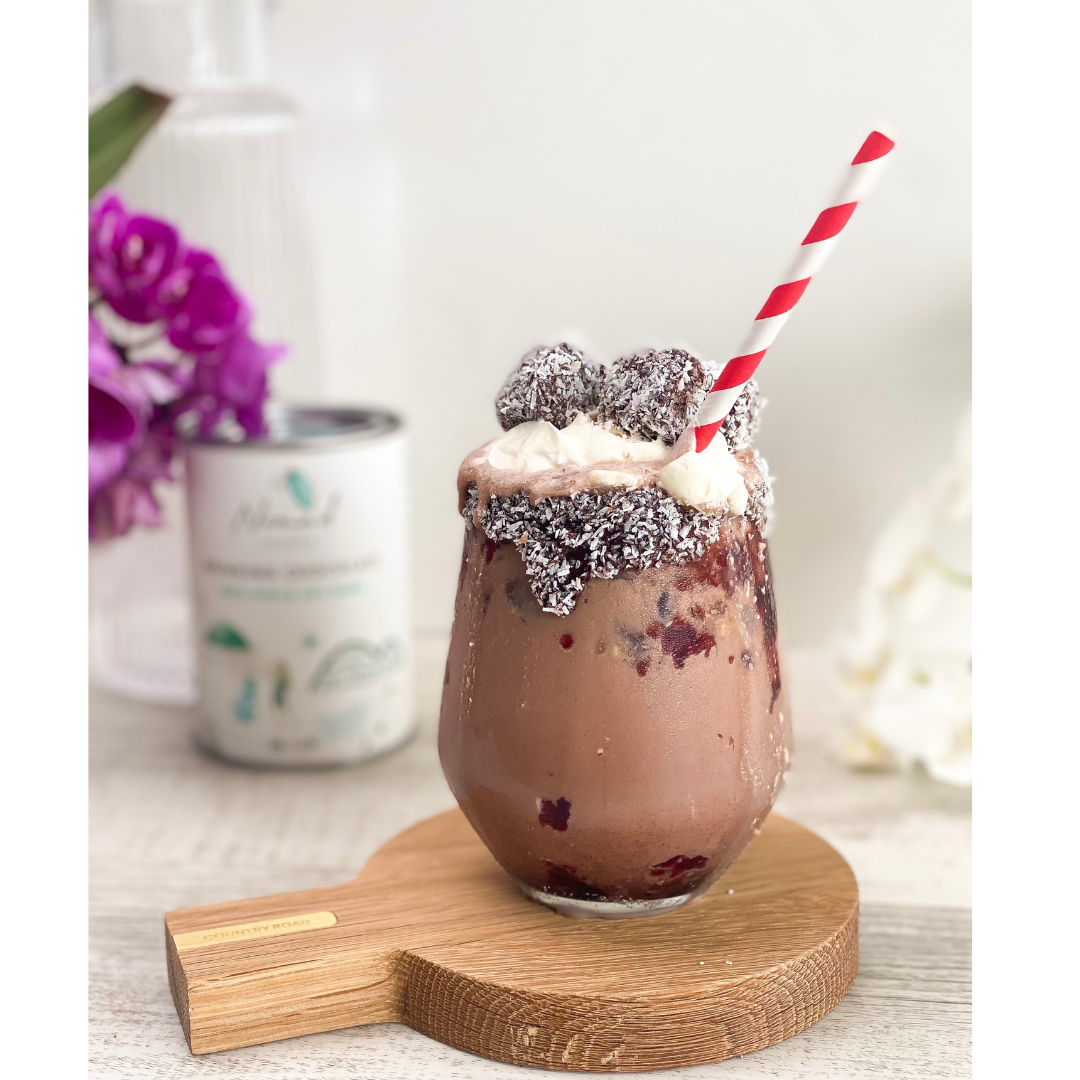 ICED CHOCOLATE WITH BERRY SAUCE AND LAMINGTONS