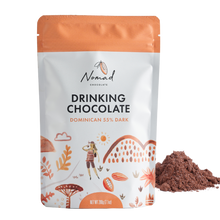 Load image into Gallery viewer, Nomad Chocolate Organic Drinking Chocolate Dominican 55% Dark bag with cocoa powder next, dairy free and gluten free