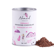 Load image into Gallery viewer, Nomad Chocolate Organic Drinking Chocolate Dominican 55% Dark tin with cocoa powder next, dairy free and gluten free
