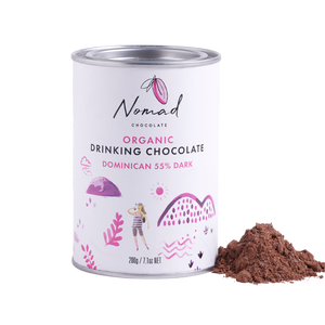 Nomad Chocolate Organic Drinking Chocolate Dominican 55% Dark tin with cocoa powder next, dairy free and gluten free