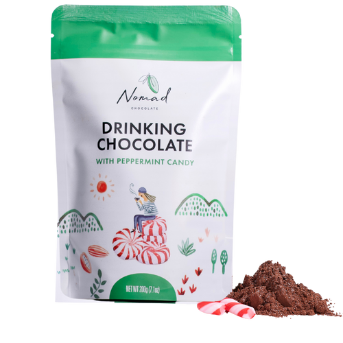 Nomad hot chocolate peppermint candy 200g bags with peppermint candy lolly and hot cacao in powder form
