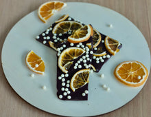 Load image into Gallery viewer, Orange and White Chocolate Pearls Dark Chocolate Bark