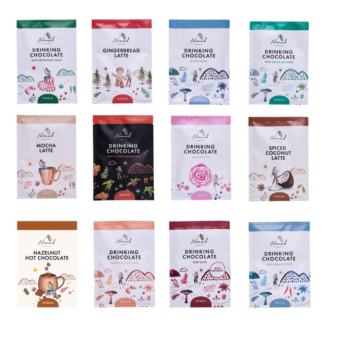 mage of Nomad Drinking chocolate mini packs iun 40 g, flavour like peppemrint candy, rose, dark hot chocolate, drinking chocolate with australian native, ruby bliss, hot chocolate with chilly, gingerbread latte and hazelnut hot chocolate