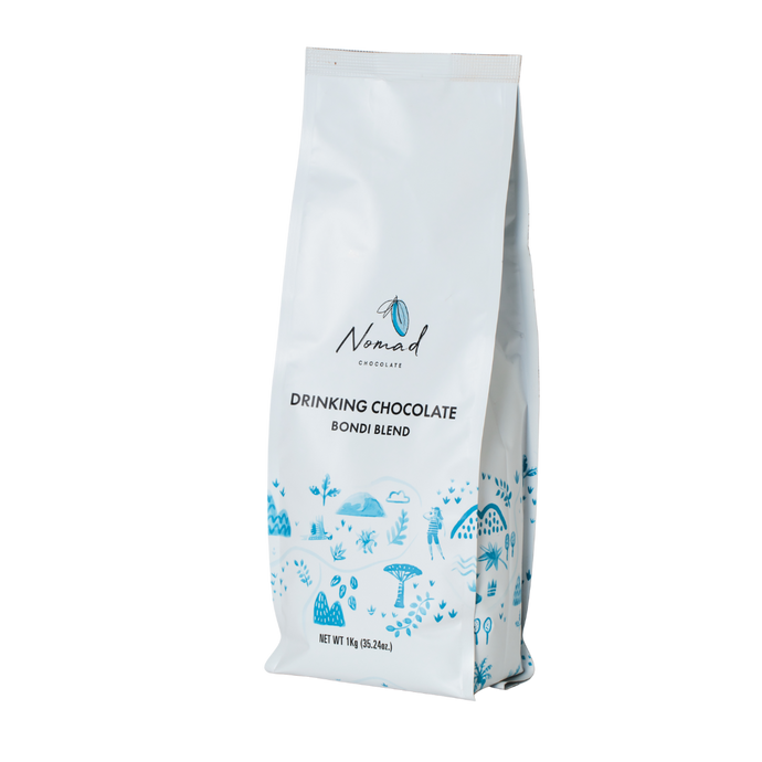 White bag of Nomad Drinking Chocolate Bondi Blend on a white background