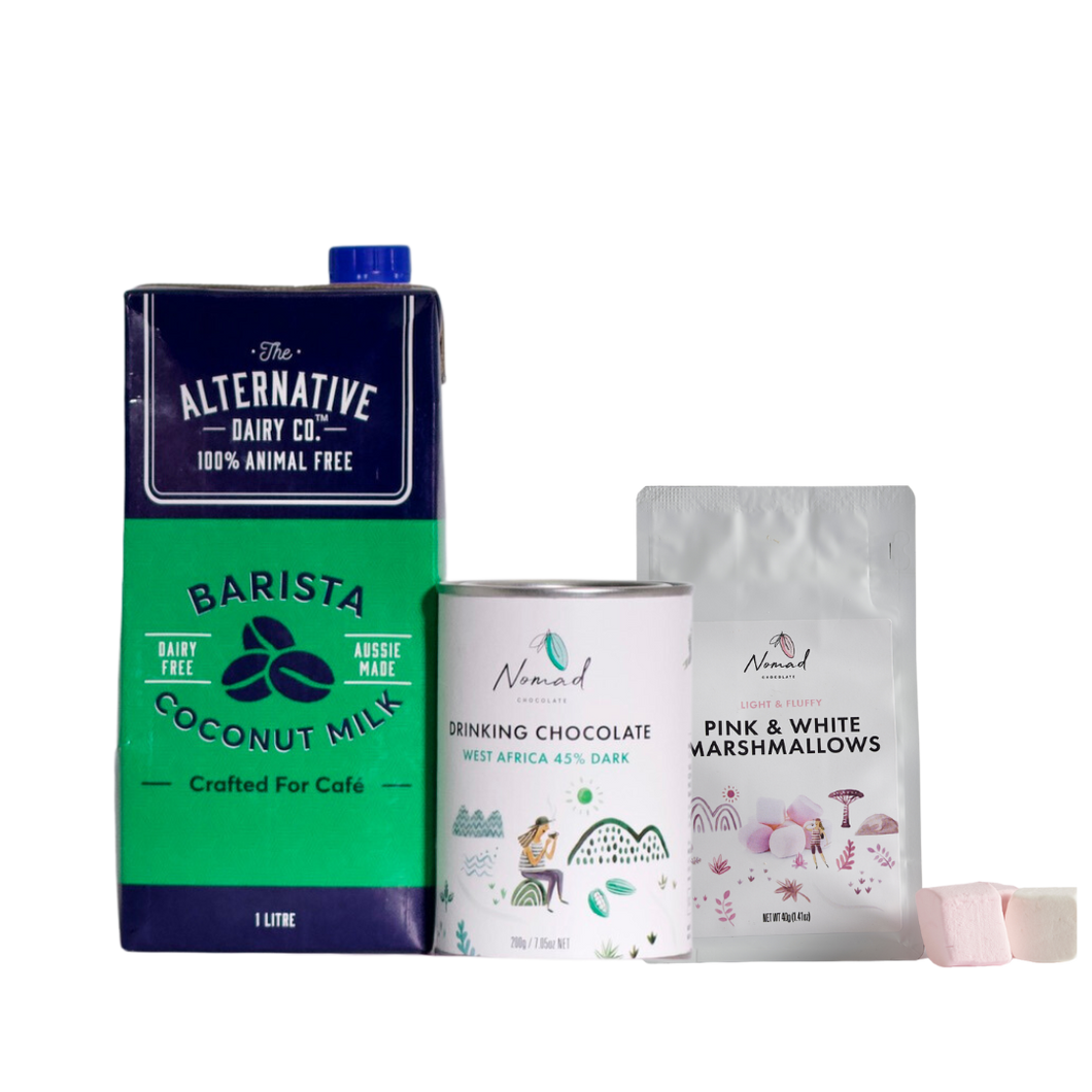 Image of aletrnative dairy co coconut milk 1l, nomad chocolate west africa 45% dark in 200g tin and white and pink marshmallows 