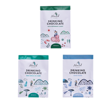 Load image into Gallery viewer, Three packages of Nomad Drinking Chocolate on a white background. Nomad Chocolate 3 Mini Hot chocolates  each 40g, West Africa 45% Dark, Bondi Blend, Peppermint Candy.