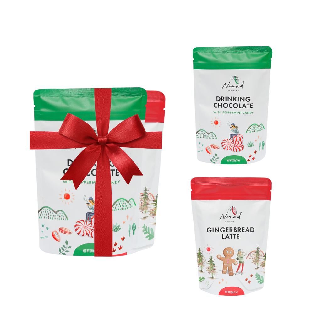 Image of Nomad hot Chocolate peppermint candy and gingerbread latte packed in the pouch bag 200g each and image of two hot chocolates wrapped in the red ribbon