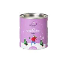Load image into Gallery viewer, A 16 oz can of Nomad Chocolates Hot Chocolate Classic on a solid white background. The can features a light purple label with an illustration of a person running in a snowy landscape with Christmas trees.