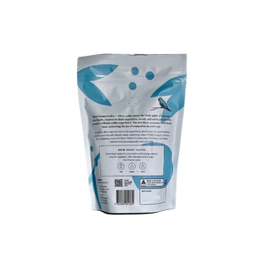 Conure coffee beans in 250g bag back of the bag with information. Original blend  in white bag with blue illustration 