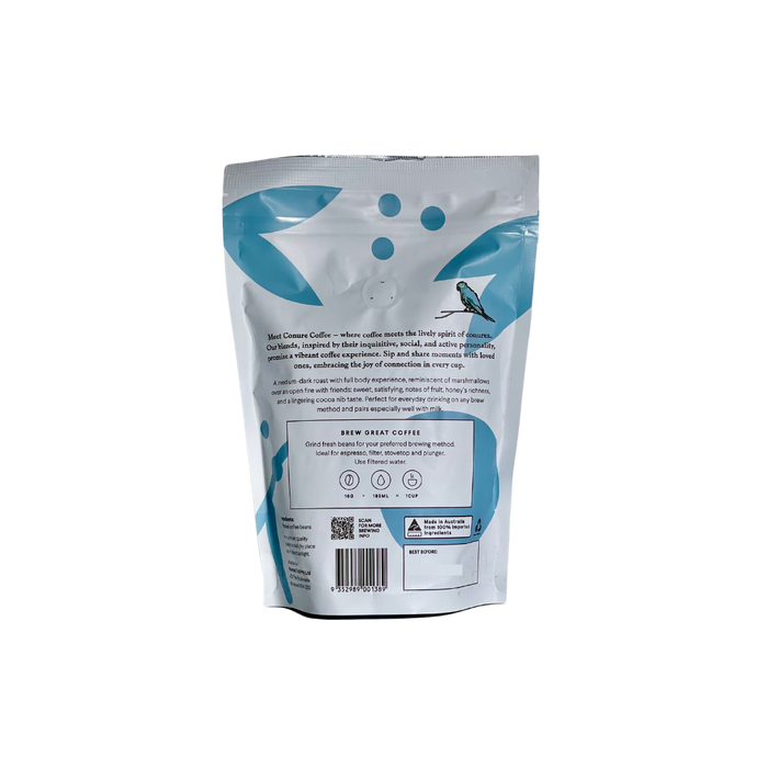 Conure coffee beans in 250g bag back of the bag with information. Original blend  in white bag with blue illustration 
