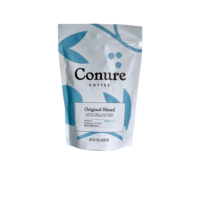 Conure coffee beans in 250g bag. Original blend  in white bag with blue illustration 