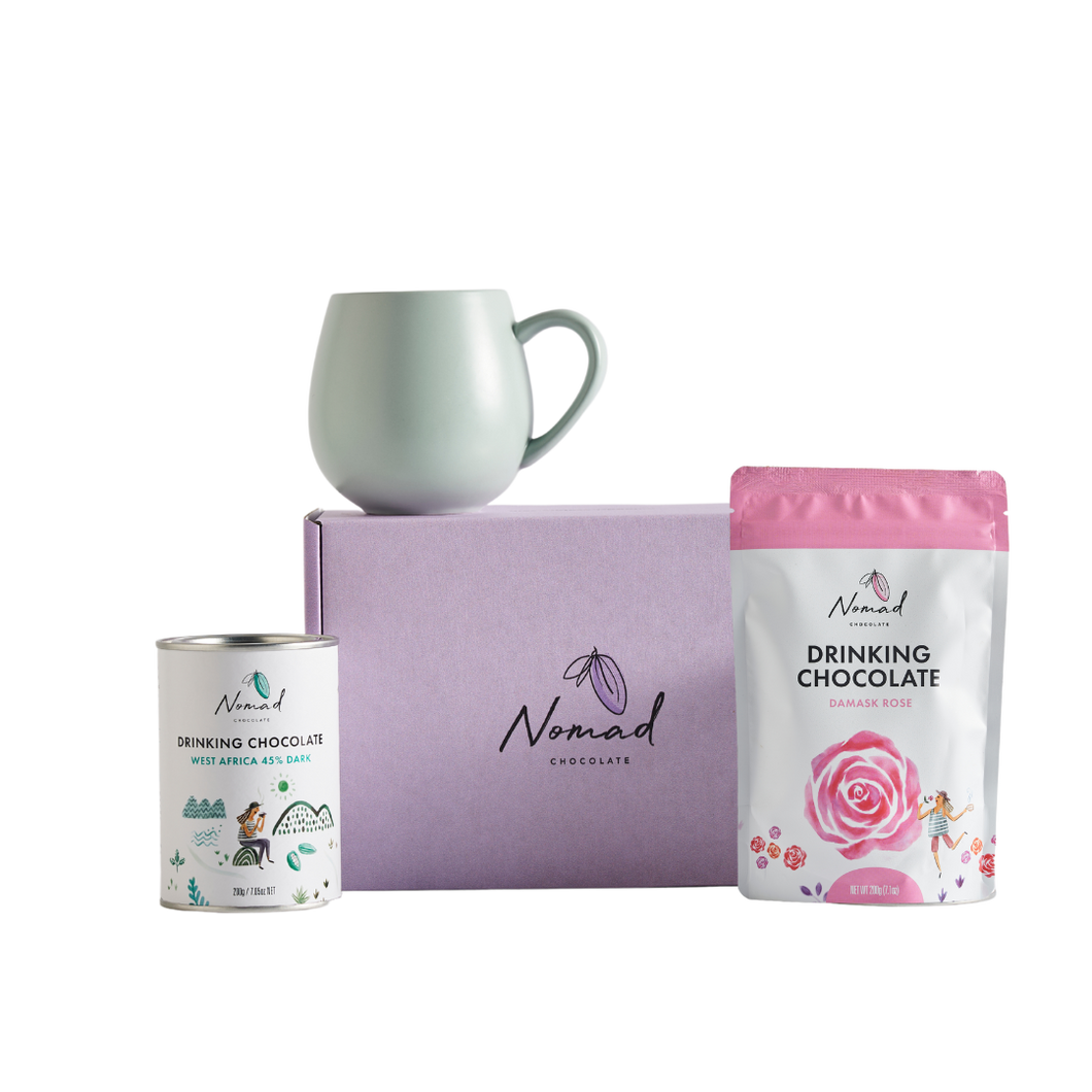 Pink Nomad Chocolate Gift Box with hot chocolates and cup