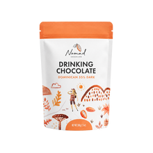 Load image into Gallery viewer, A stand-up pouch of Nomad Chocolates Drinking Chocolate, Dominican 55% Dark, featuring a white bag with an orange top and orange illustrations on the front.