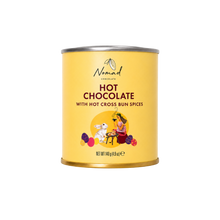 Load image into Gallery viewer, A yellow cylindrical canister of Nomad Chocolate Hot Chocolate with Hot Cross Bun Spices, featuring a silver metal lid and base, on a solid white background.