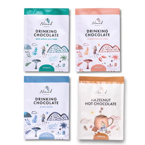 Nomad Chocolate Mini Hot Chocolates Taste Pack the office bundle contains 4 minis each 40g.  West Africa 45% Dark, Bondi Blend, Dominican 55% Dark and Hazelnut Hot Chocolate Vegan, gluten free and Dairy free.