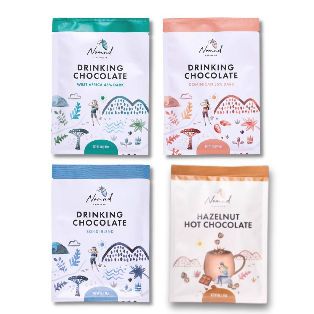 Nomad Chocolate Mini Hot Chocolates Taste Pack the office bundle contains 4 minis each 40g.  West Africa 45% Dark, Bondi Blend, Dominican 55% Dark and Hazelnut Hot Chocolate Vegan, gluten free and Dairy free.