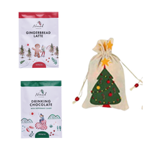 Load image into Gallery viewer, Nomad Chocolate 2 Mini hot chocolate each 40g Peppermint Candy, Gingerbread Latte and a Christmas themed jute bag