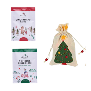 Nomad Chocolate 2 Mini hot chocolate each 40g Peppermint Candy, Gingerbread Latte and a Christmas themed jute bag