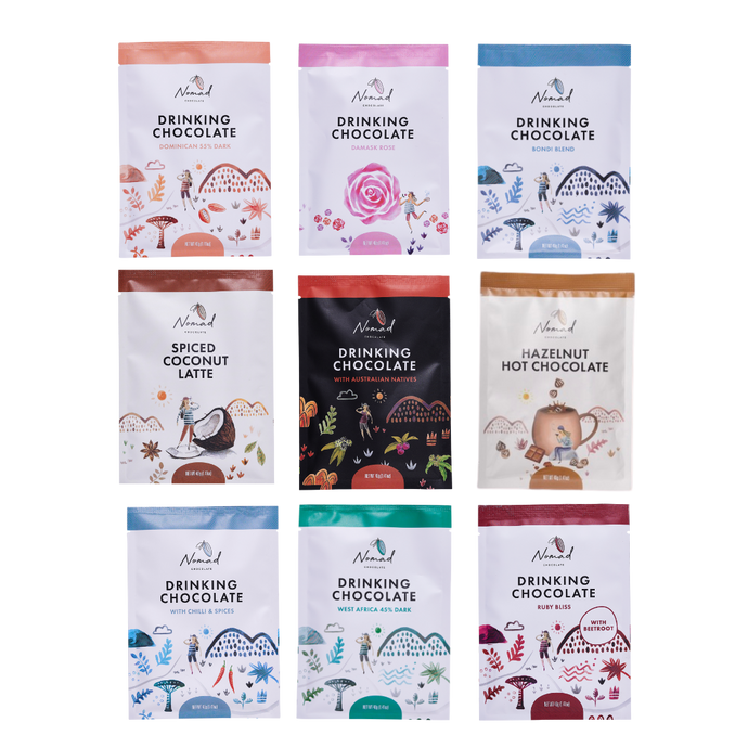 Nomad Chocolate Mini Taste Pack The Try them all bundle, set of 9 minis each 40g. West Africa 45% Dark, Bondi Blend, Dominican 55% Dark, Ruby Bliss with spices and beetroot, Ancient Maya with Spices and Chilli, With Rose, Australian Natives, Spiced Coconut Latte and Hazelnut Hot Chocolate Vegan, Dairy Free and Gluten Free.