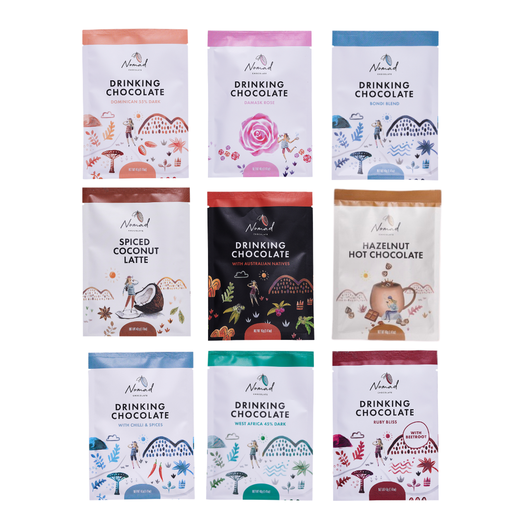 Nomad Chocolate Mini Taste Pack The Try them all bundle, set of 9 minis each 40g. West Africa 45% Dark, Bondi Blend, Dominican 55% Dark, Ruby Bliss with spices and beetroot, Ancient Maya with Spices and Chilli, With Rose, Australian Natives, Spiced Coconut Latte and Hazelnut Hot Chocolate Vegan, Dairy Free and Gluten Free.