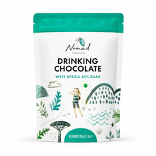 Load image into Gallery viewer, A stand-up pouch of Nomad Chocolate Drinking Chocolate, West Africa 45% Dark, featuring a white bag with a bright teal top seal and illustrated tropical foliage and a figure on the front.