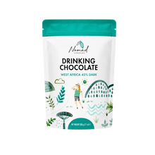 Load image into Gallery viewer, A stand-up pouch of Nomad Products Drinking Chocolate West Africa 45% Dark, featuring a white package with a teal top seal, illustrated tropical plants, a woman, and waves, on a plain white background.