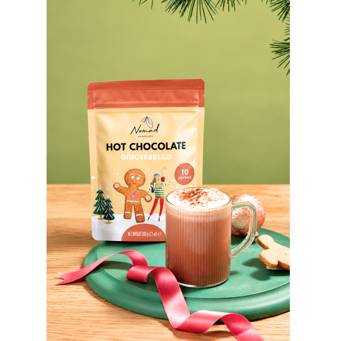 Styled Hot Chocolate Gingerbread bag with festive drink and plate