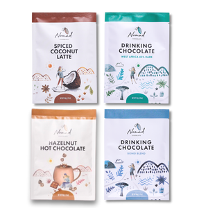 Nomad Chocolate Mini Taste Pack The Wake Up Call. Containing 4 mini packs of 40g, Spiced Coconut Latte, Hazelnut Hot Chocolate, West Africa 45% Dark and Bondi Blend. Vegan, Dairy and Gluten free.