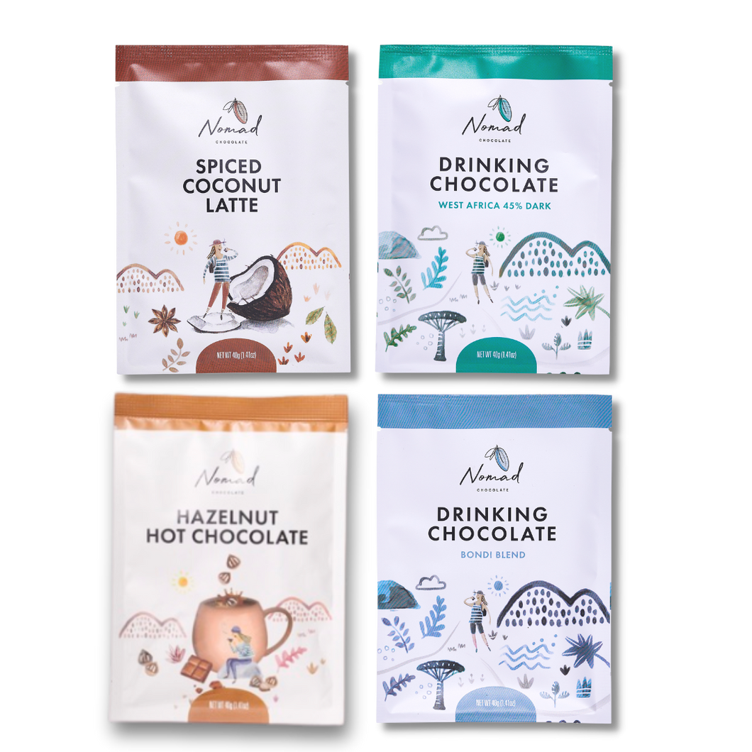 Nomad Chocolate Mini Taste Pack The Wake Up Call. Containing 4 mini packs of 40g, Spiced Coconut Latte, Hazelnut Hot Chocolate, West Africa 45% Dark and Bondi Blend. Vegan, Dairy and Gluten free.