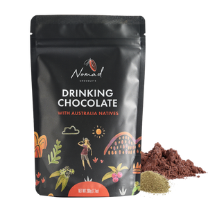 Nomad Chocolate with Australian Natives rich hot chocolate, front label of bag with cacao powder and lemon myrtal powder