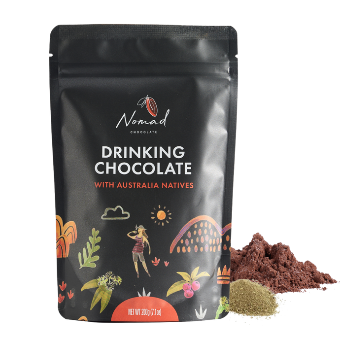 Nomad Chocolate with Australian Natives rich hot chocolate, front label of bag with cacao powder and lemon myrtal powder