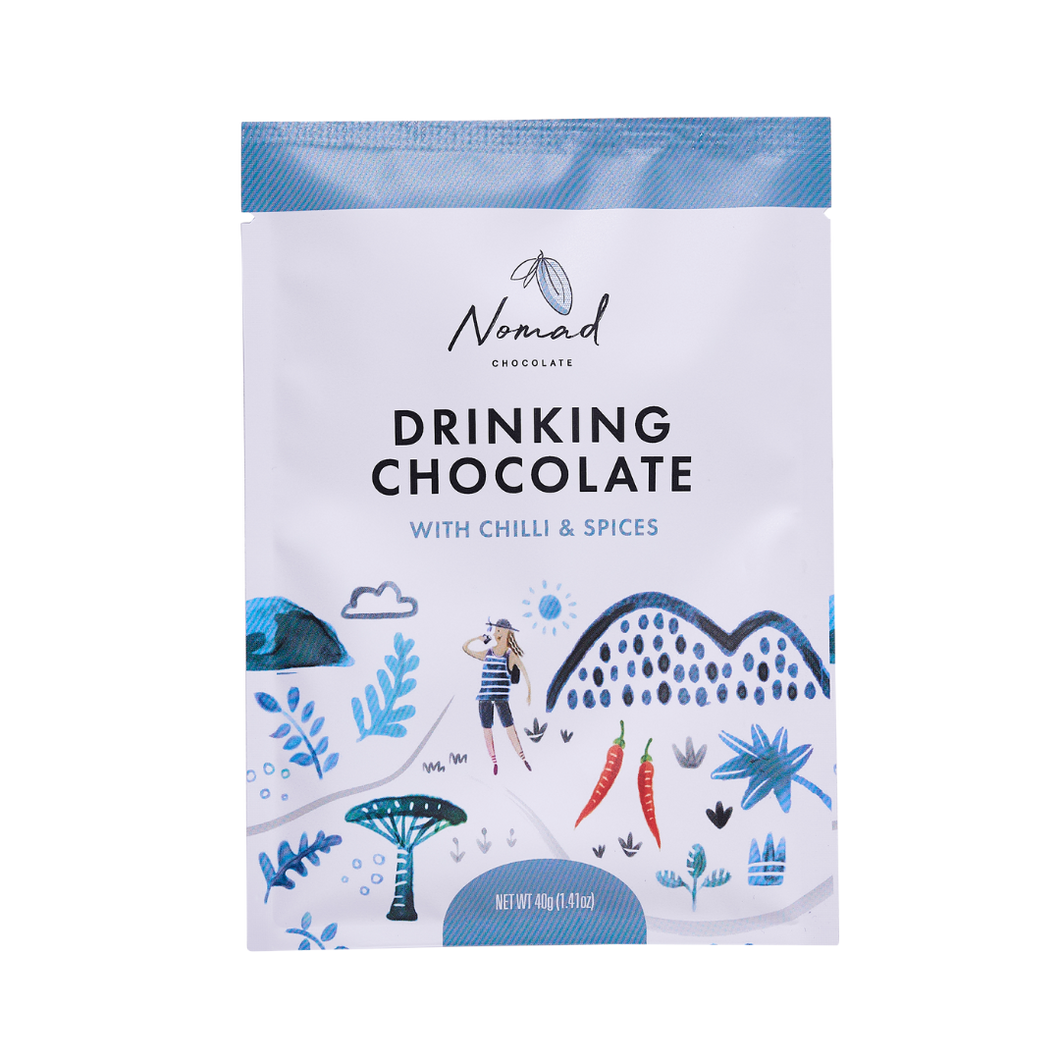 Nomad hot chocolate with chilli and spices 40g, Organic and vegan drinking chocolate with Dominican cacao, chilli, cinnamon, nutmeg, clove and ginger