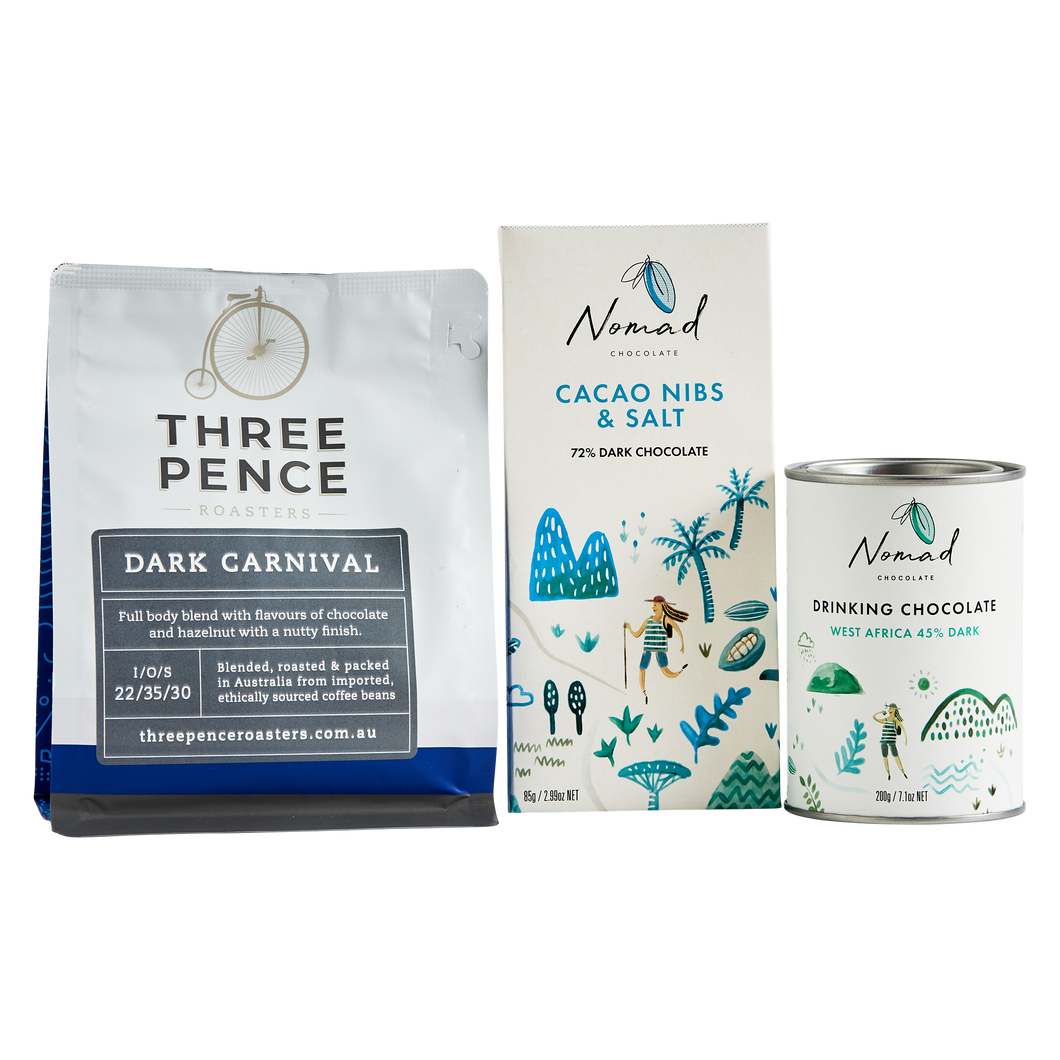 Nomad Chocolate Pantry Trio, rich hot chocolate West Africa 45% Dark, chocolate bar 72% Dark cacao nibs and Salt, roasted coffee beans Three Pence, Vegan, Dairy and Gluten Free