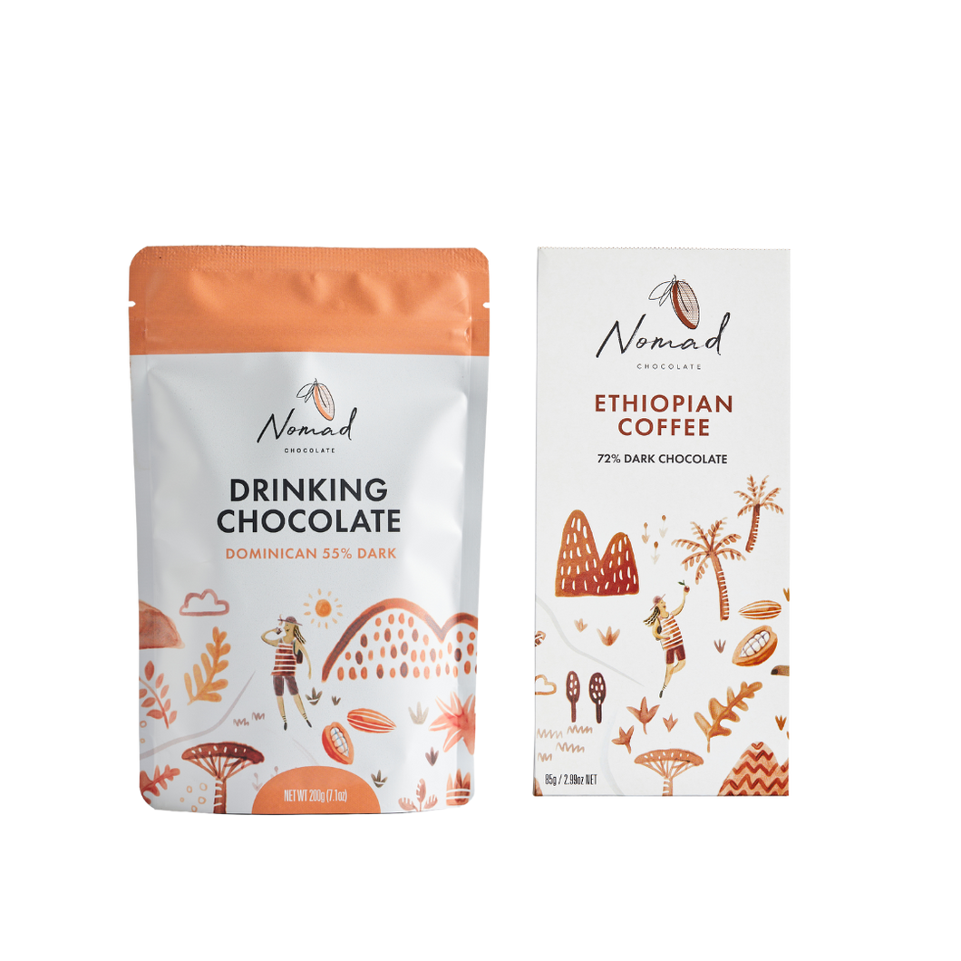 Nomad Chocolate Gift for him, drinking chocolate Dominican 55% Dark and chocolate bar with Ethiopian coffee. Smooth and indulgent. Vegan, dairy free and gluten free.