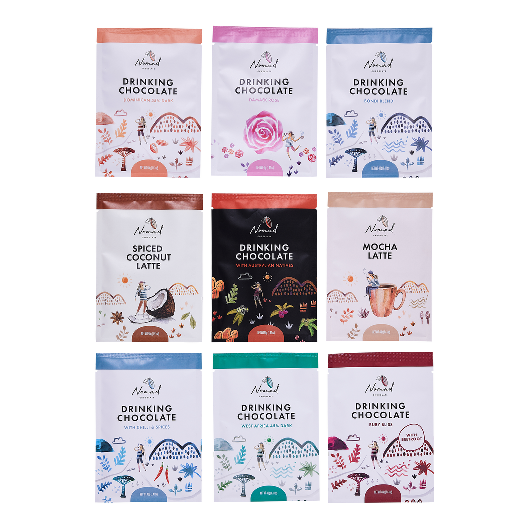 Nomad Chocolate Mini Taste Pack The Try them all bundle, set of 9 minis each 40g. West Africa 45% Dark, Bondi Blend, Dominican 55% Dark, Ruby Bliss with spices and beetroot, Ancient Maya with Spices and Chilli, With Rose, Australian Natives, Spiced Coconut Latte and Mocha Latte. Vegan, Dairy Free and Gluten Free.