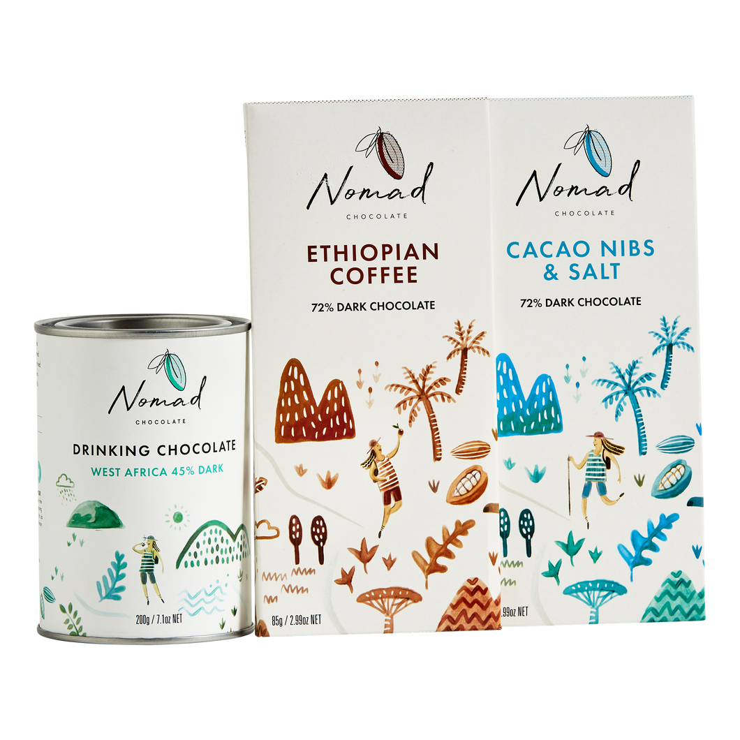 Nomad Hot Chocolate West Africa 45% Dark, chocolate bars cacao nibs and salt and Ethiopian Coffee, vegan, gluten and dairy free