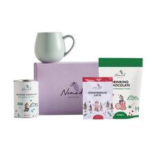 Load image into Gallery viewer, mage of Nomad chocolate gift box in lilac colour, Robert gordon mug , Nomad drinking chocolate west africa 45% dark and nomad hot chocolate with peppermint candy 200g and gingerbread latte in the 40g bag  