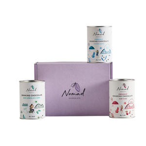ICON TRIO HOT CHOCOLATE GIFT PACK Nomad Chocolate, pink gift box with three Nomad Drinking Chocolate tins, West Africa 45% Dark, Ancient Maya with chilli and spices, Ruby Bliss with beetroot and spices, all 200g. Vegan, gluten free, plant based, dairy free, Australian made.