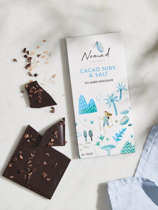 Nomad Chocolate Vegan, dairy free and gluten free 72% dark chocolate and Cacao Nibs and Sea Salt