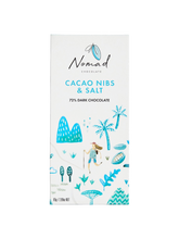 Load image into Gallery viewer, Nomad Chocolate Vegan, dairy and gluten free 72% dark chocolate and Cacao Nibs and Sea Salt