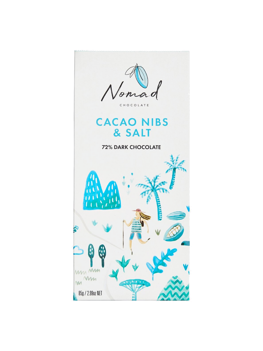 Nomad Chocolate Vegan, dairy and gluten free 72% dark chocolate and Cacao Nibs and Sea Salt