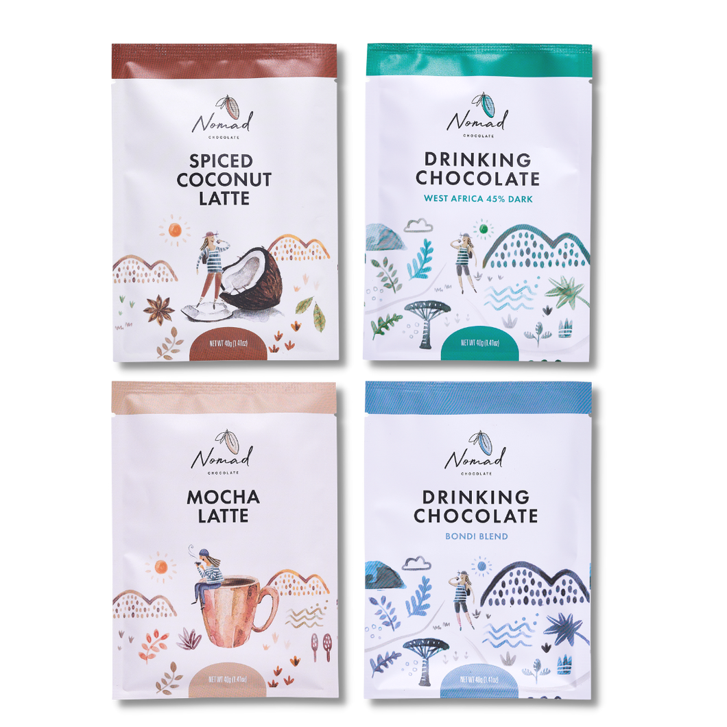 Nomad Chocolate Mini Taste Pack The Wake Up Call. Containing 4 mini packs of 40g, Spiced Coconut Latte, Mocha Latte, West Africa 45% Dark and Bondi Blend. Vegan, Dairy and Gluten free.