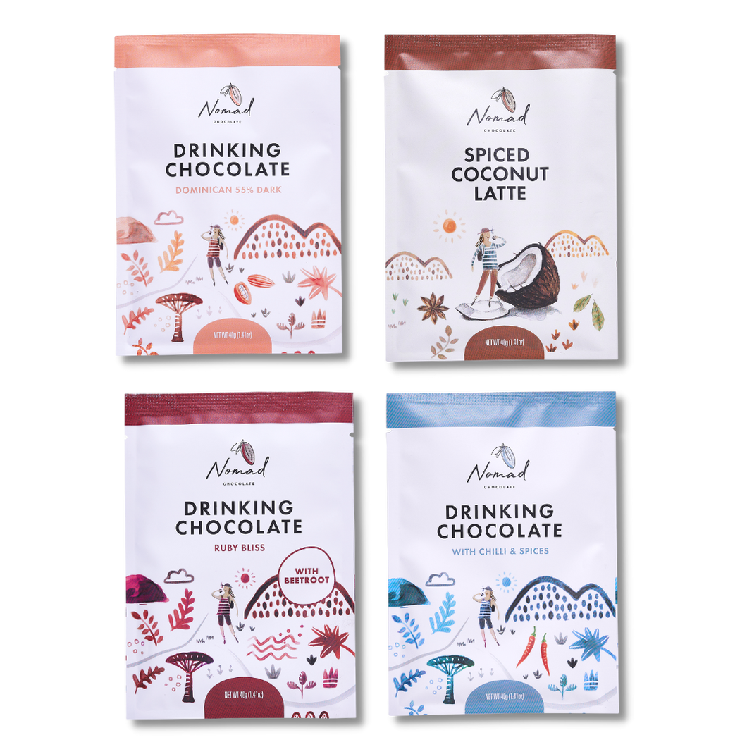 Nomad Chocolate Mini Hot Chocolates Taste Pack The Connoisseur, pack of 4 minis each 40g, Dominican 55% Dark, Ruby Bliss with spices and beetroot, Ancient Maya with Chilli and Spices and spiced coconut latte. vegan, gluten and dairy free.