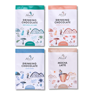 Nomad Chocolate Mini Hot Chocolates Taste Pack the office bundle contains 4 minis each 40g.  West Africa 45% Dark, Bondi Blend, Dominican 55% Dark and Mocha Latte. Vegan, gluten free and Dairy free.