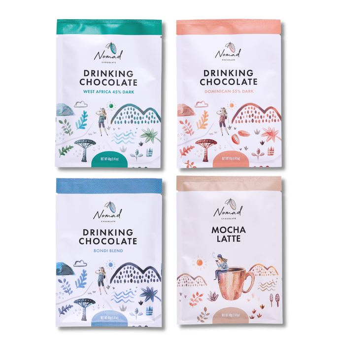 Nomad Chocolate Mini Hot Chocolates Taste Pack the office bundle contains 4 minis each 40g.  West Africa 45% Dark, Bondi Blend, Dominican 55% Dark and Mocha Latte. Vegan, gluten free and Dairy free.
