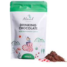 Load image into Gallery viewer, Nomad hot chocolate peppermint candy 200g bags with peppermint candy lolly and hot cacao in powder form