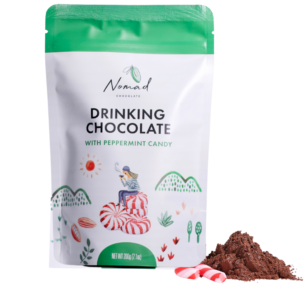 Nomad hot chocolate peppermint candy 200g bags with peppermint candy lolly and hot cacao in powder form