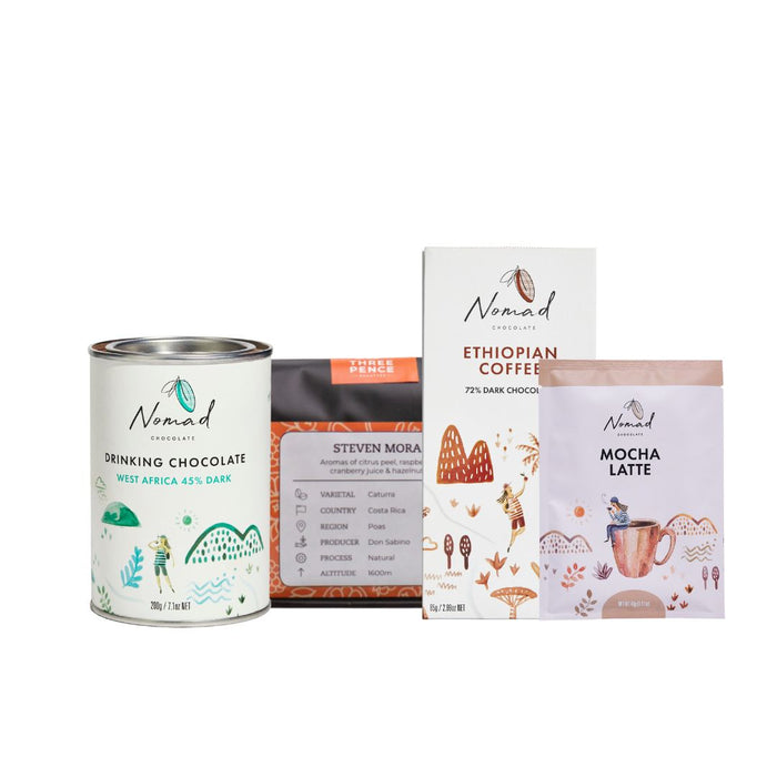 gift with dark chocolate bar with coffee, mocha latte in 40g bag, single origin coffee from three pence and nomad hot chocolate west africa 45% dark
