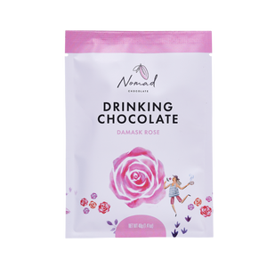 Nomad Drinking Chocolate with Damask Rose, rose petal powder. 40g bag front label